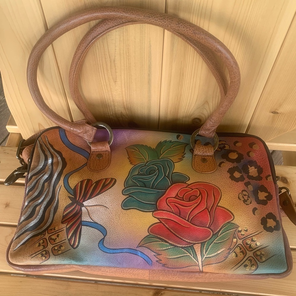 ANUSCHKA Women's Hand Painted Leather Rose Safari Satchel Bag w/ Shoulder Strap - Picture 9 of 11